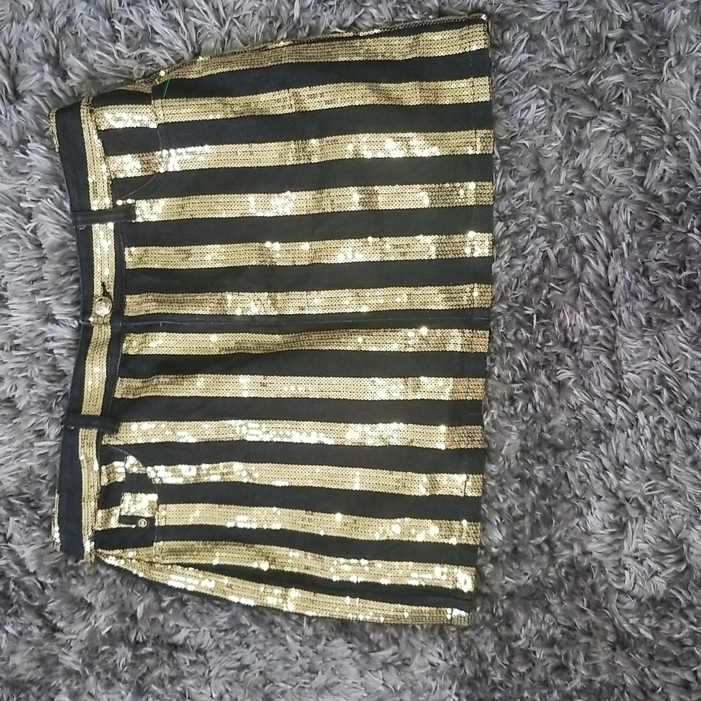Black Denim Sequin Stripe Mini Skirt